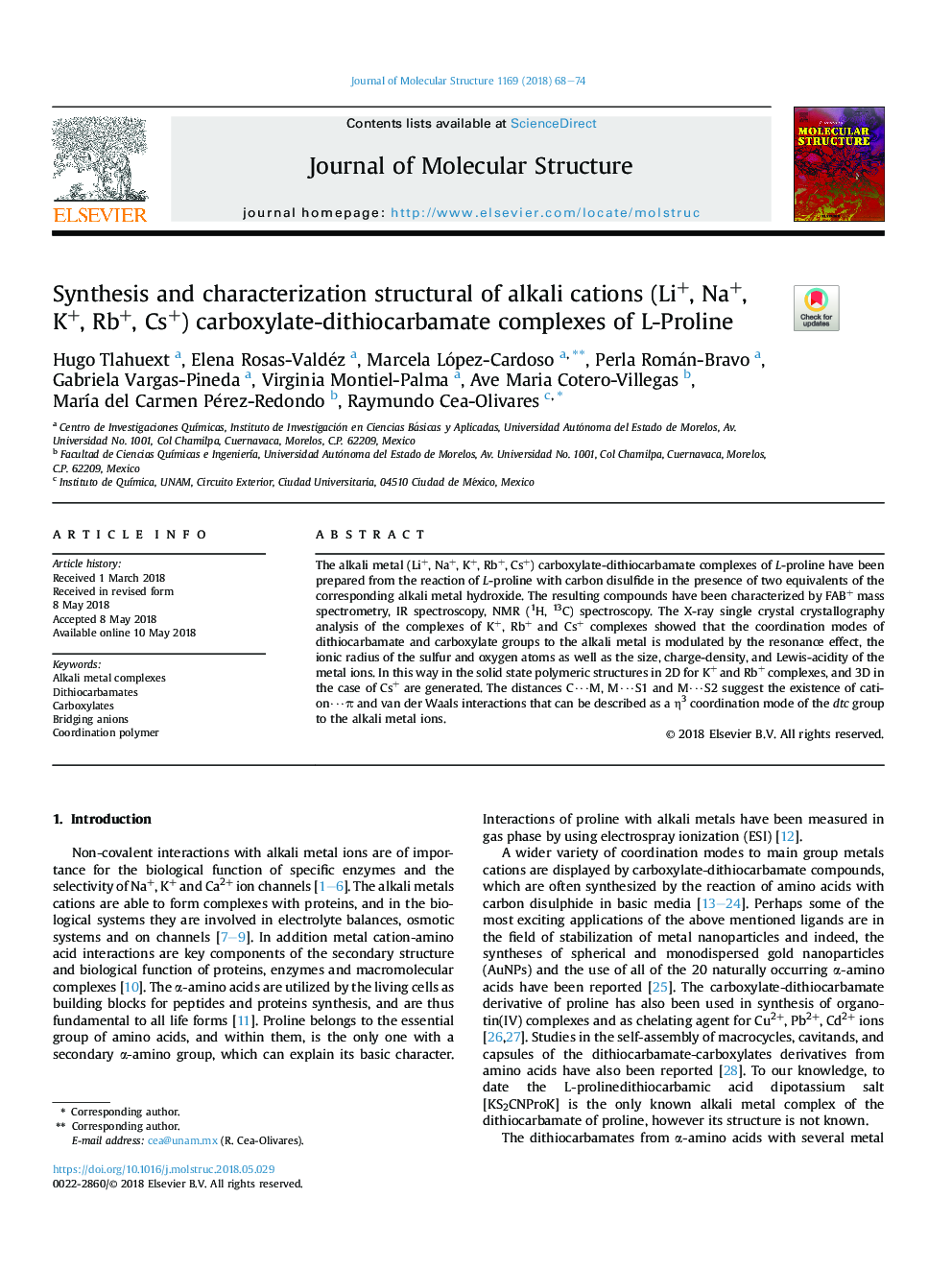 Synthesis and characterization structural of alkali cations (Li+, Na+, K+, Rb+, Cs+) carboxylate-dithiocarbamate complexes of L-Proline