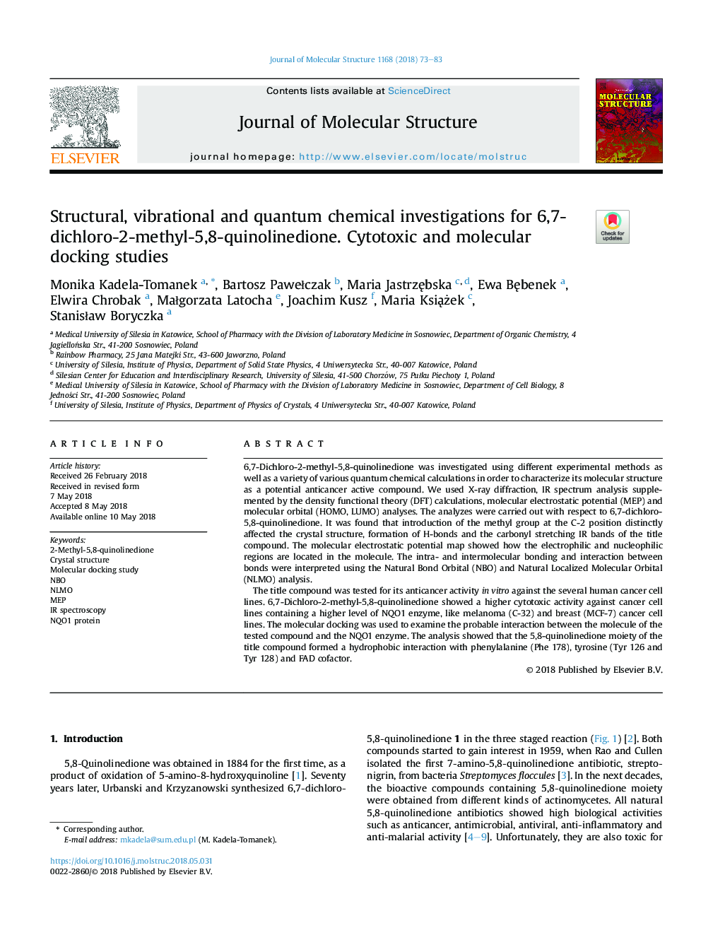 Structural, vibrational and quantum chemical investigations for 6,7-dichloro-2-methyl-5,8-quinolinedione. Cytotoxic and molecular docking studies