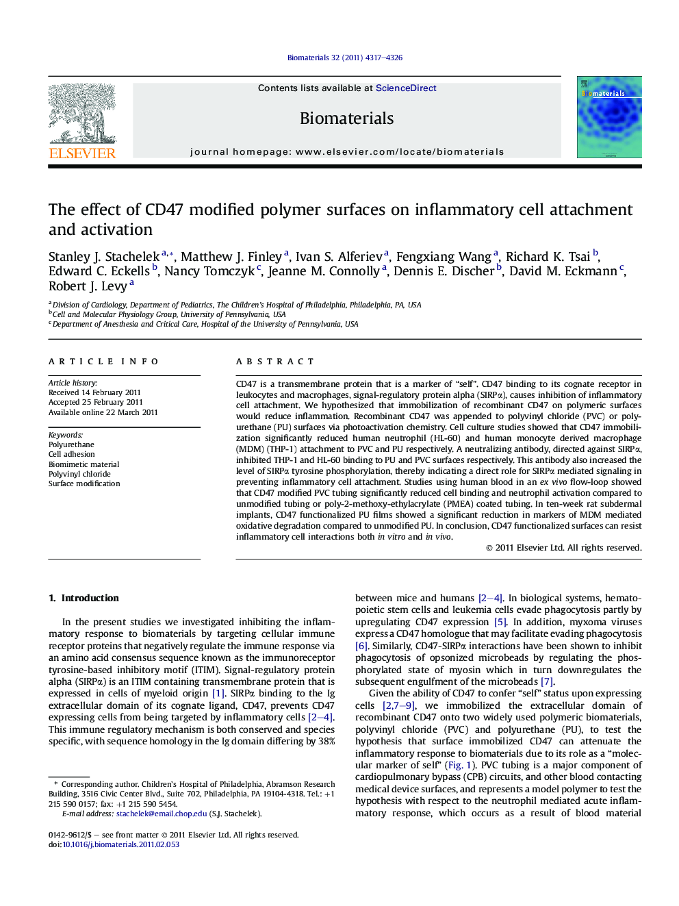 The effect of CD47 modified polymer surfaces on inflammatory cell attachment and activation