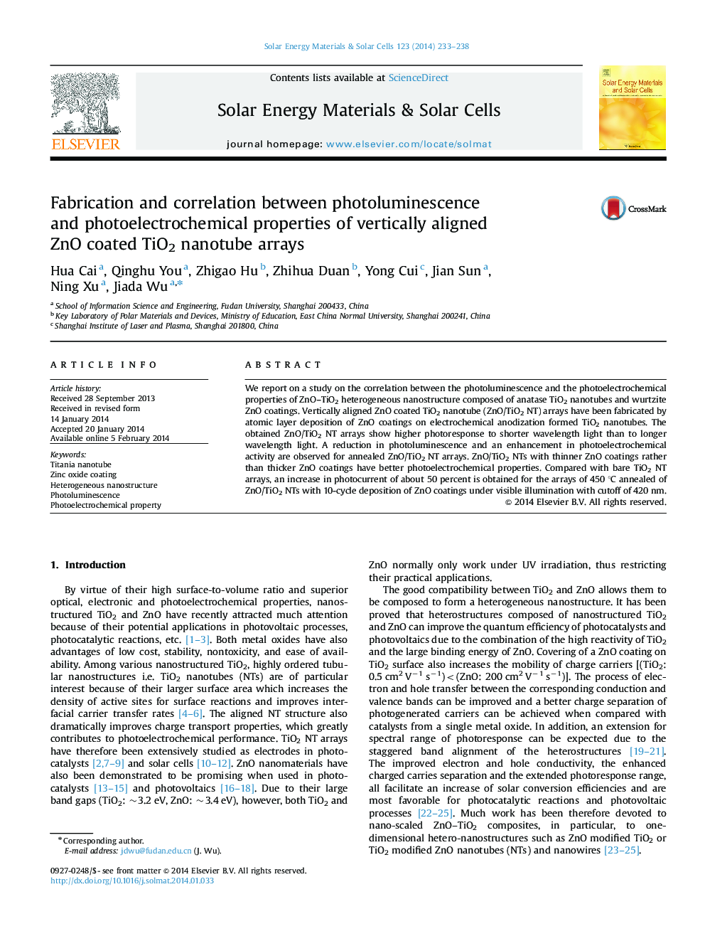 Fabrication and correlation between photoluminescence and photoelectrochemical properties of vertically aligned ZnO coated TiO2 nanotube arrays