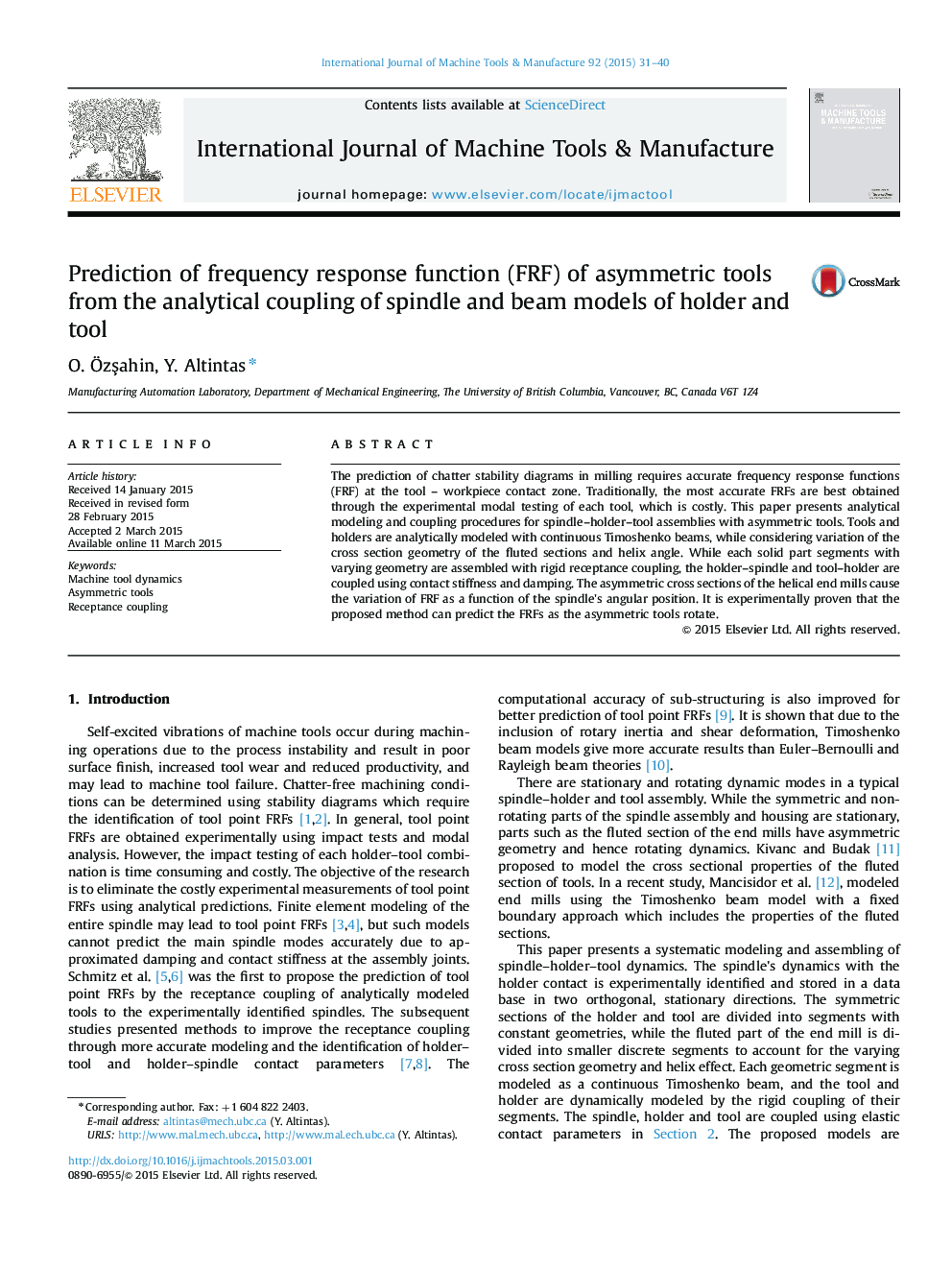Prediction of frequency response function (FRF) of asymmetric tools from the analytical coupling of spindle and beam models of holder and tool