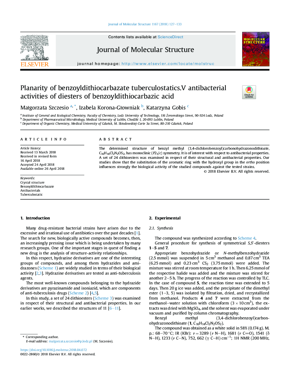 Planarity of benzoyldithiocarbazate tuberculostatics.V antibacterial activities of diesters of benzoyldithiocarbazic acid