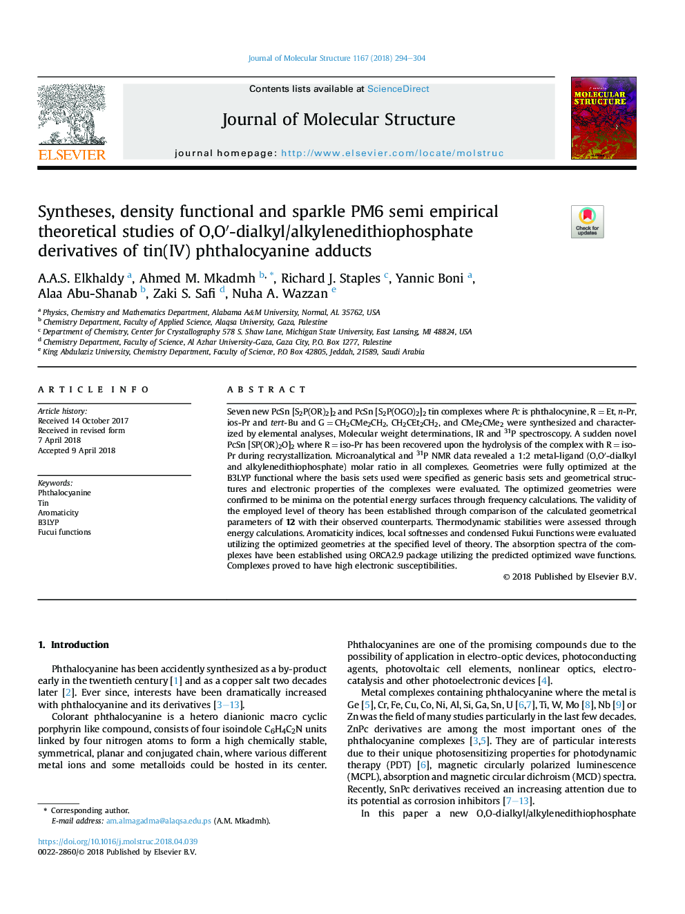 Syntheses, density functional and sparkle PM6 semi empirical theoretical studies of O,Oâ²-dialkyl/alkylenedithiophosphate derivatives of tin(IV) phthalocyanine adducts