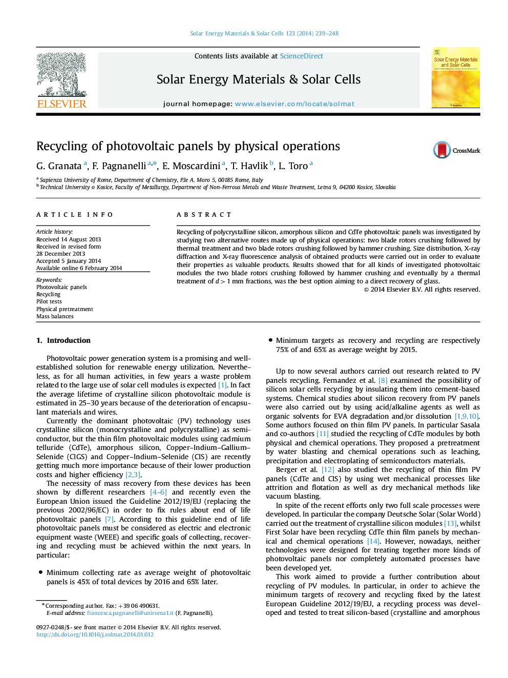 Recycling of photovoltaic panels by physical operations