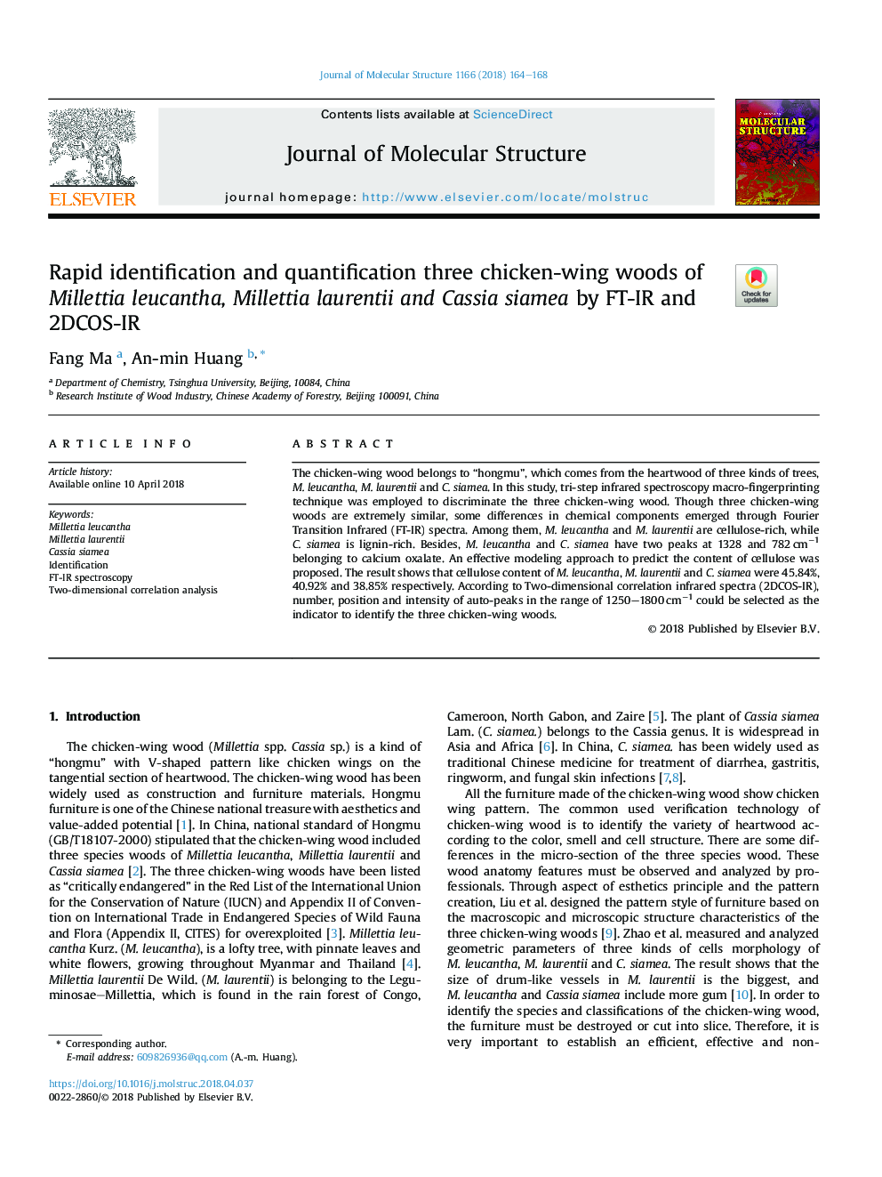 Rapid identification and quantification three chicken-wing woods of Millettia leucantha, Millettia laurentii and Cassia siamea by FT-IR and 2DCOS-IR