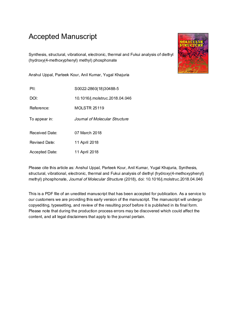 Synthesis, structural, vibrational, electronic, thermal and Fukui analysis of diethyl (hydroxy(4-methoxyphenyl) methyl) phosphonate