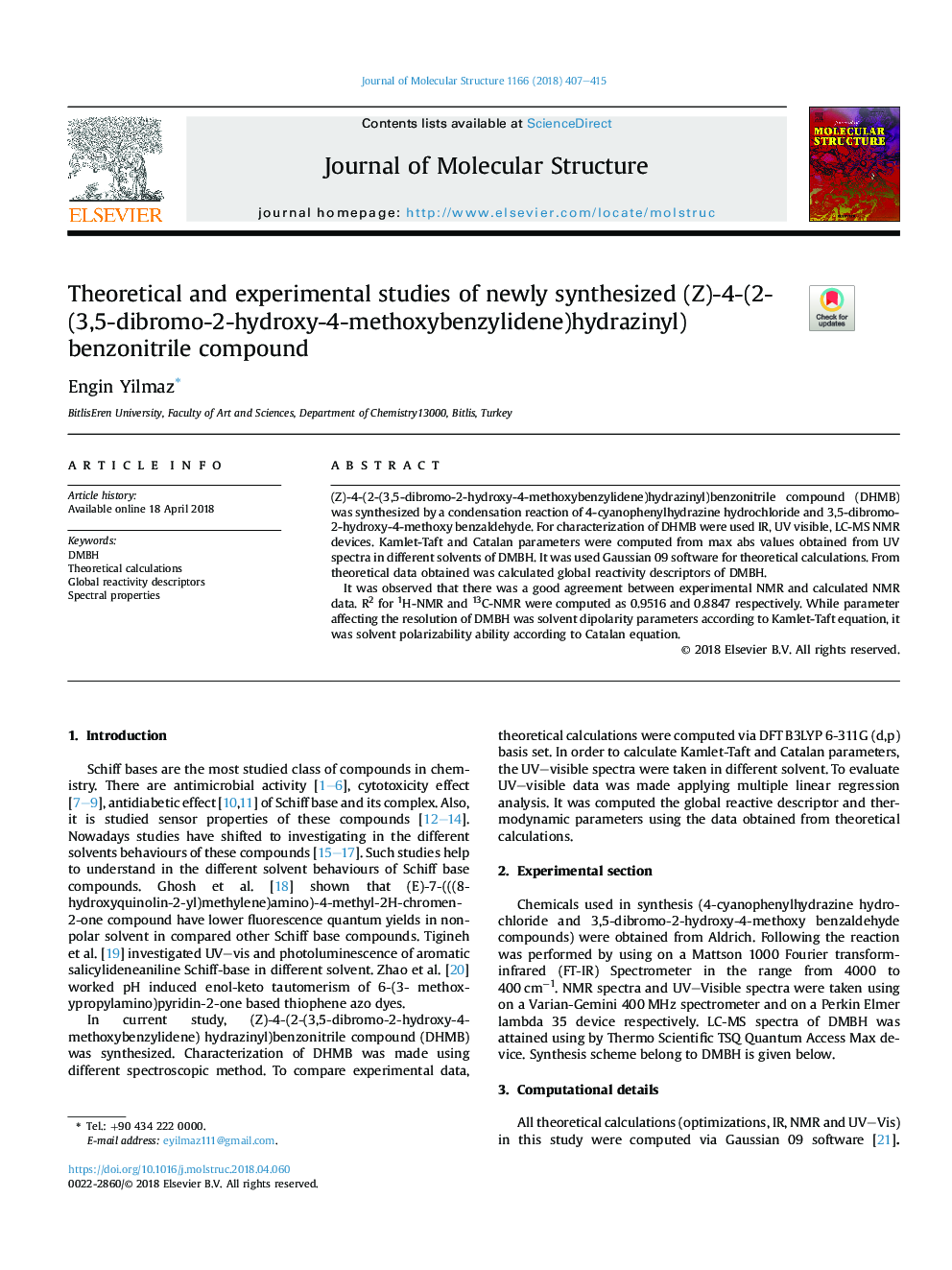 Theoretical and experimental studies of newly synthesized (Z)-4-(2-(3,5-dibromo-2-hydroxy-4-methoxybenzylidene)hydrazinyl)benzonitrile compound