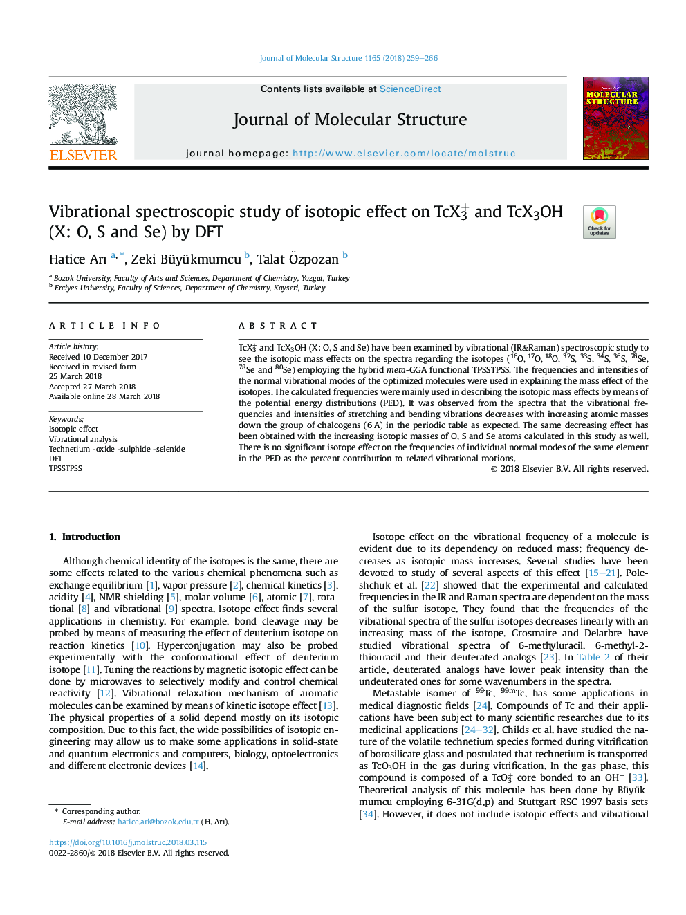 Vibrational spectroscopic study of isotopic effect on TcX3+ and TcX3OH (X: O, S and Se) by DFT