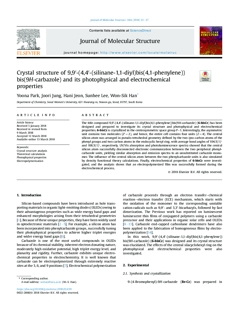 Crystal structure of 9,9â²-(4,4â²-(silinane-1,1-diyl)bis(4,1-phenylene))bis(9H-carbazole) and its photophysical and electrochemical properties