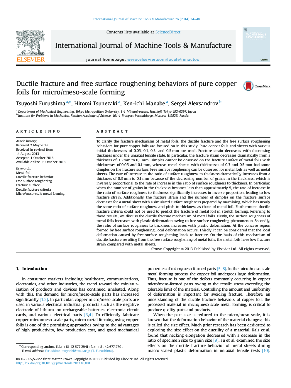 Ductile fracture and free surface roughening behaviors of pure copper foils for micro/meso-scale forming