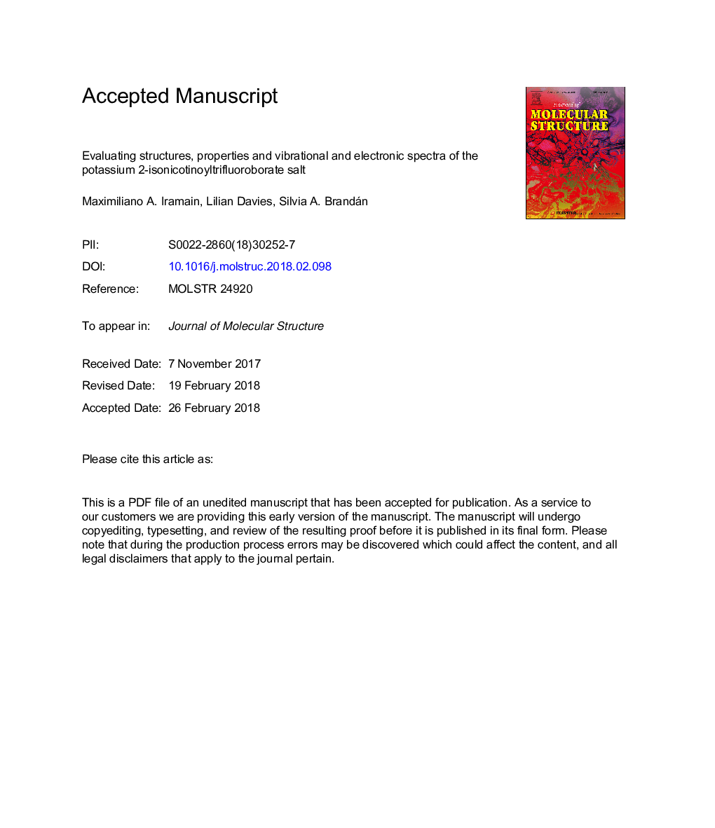 Evaluating structures, properties and vibrational and electronic spectra of the potassium 2-isonicotinoyltrifluoroborate salt