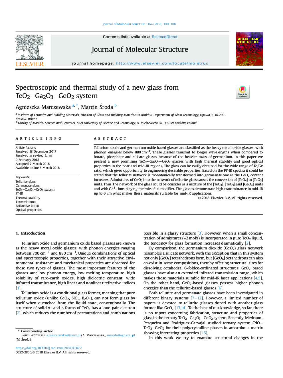 Spectroscopic and thermal study of a new glass from TeO2Ga2O3GeO2 system