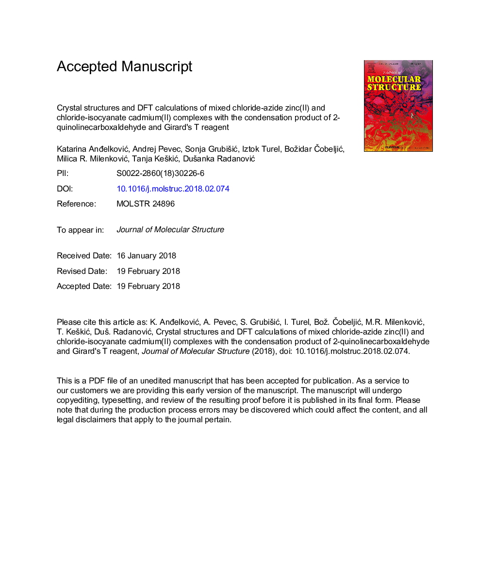 Crystal structures and DFT calculations of mixed chloride-azide zinc(II) and chloride-isocyanate cadmium(II) complexes with the condensation product of 2-quinolinecarboxaldehyde and Girard's T reagent