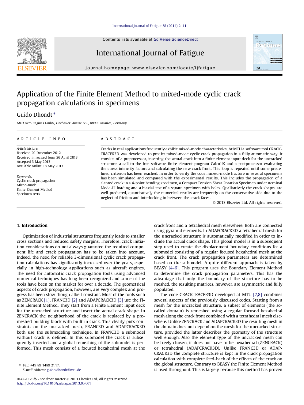 Application of the Finite Element Method to mixed-mode cyclic crack propagation calculations in specimens