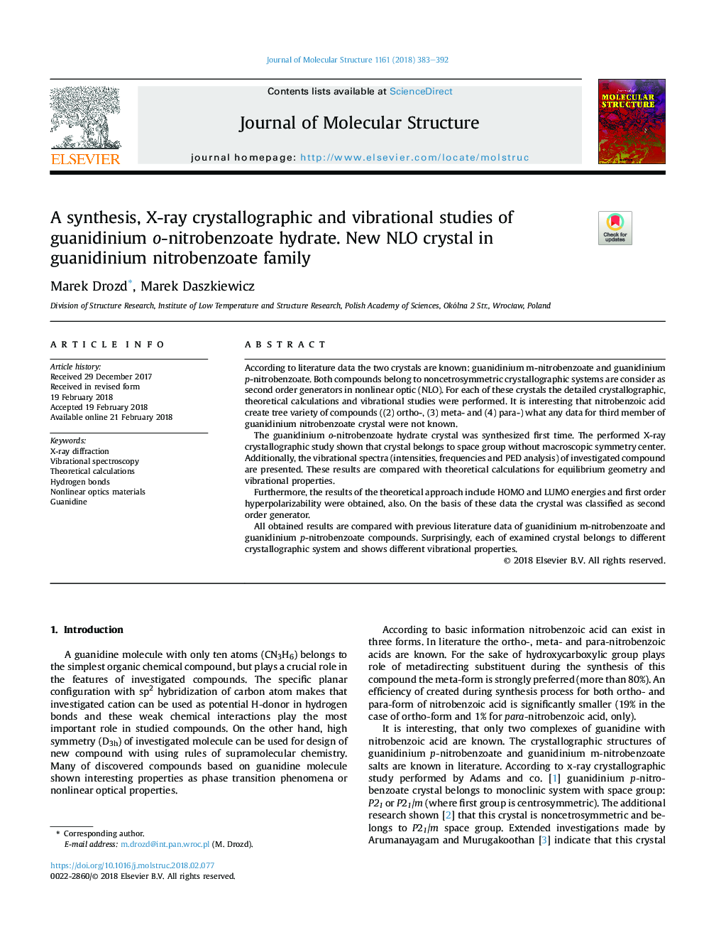 A synthesis, X-ray crystallographic and vibrational studies of guanidinium o-nitrobenzoate hydrate. New NLO crystal in guanidinium nitrobenzoate family