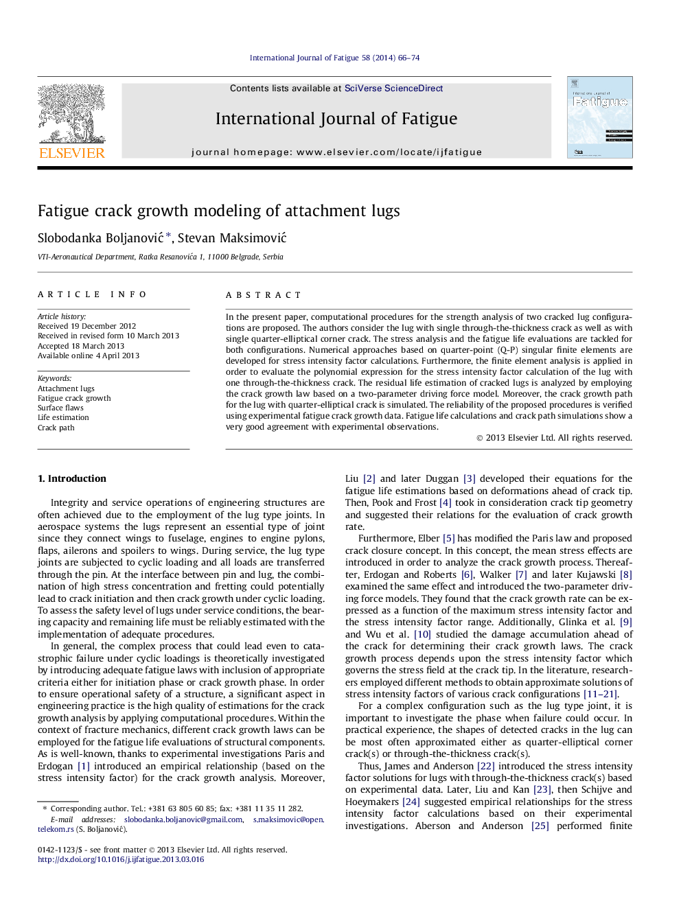 Fatigue crack growth modeling of attachment lugs