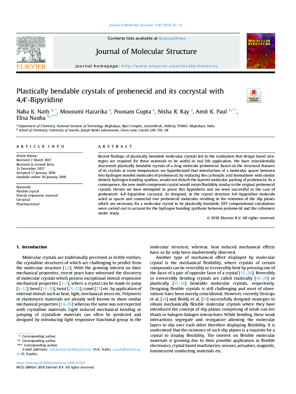 Plastically bendable crystals of probenecid and its cocrystal with 4,4â²-Bipyridine