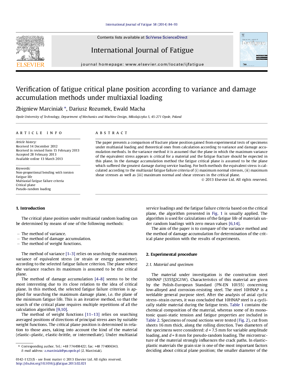 Verification of fatigue critical plane position according to variance and damage accumulation methods under multiaxial loading