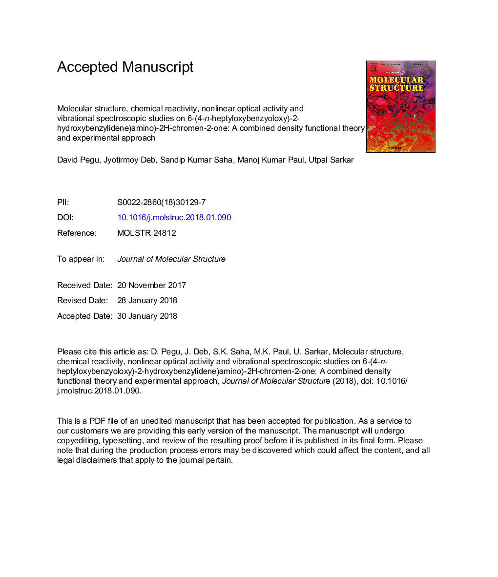 Molecular structure, chemical reactivity, nonlinear optical activity and vibrational spectroscopic studies on 6-(4-n-heptyloxybenzyoloxy)-2-hydroxybenzylidene)amino)-2H-chromen-2-one: A combined density functional theory and experimental approach