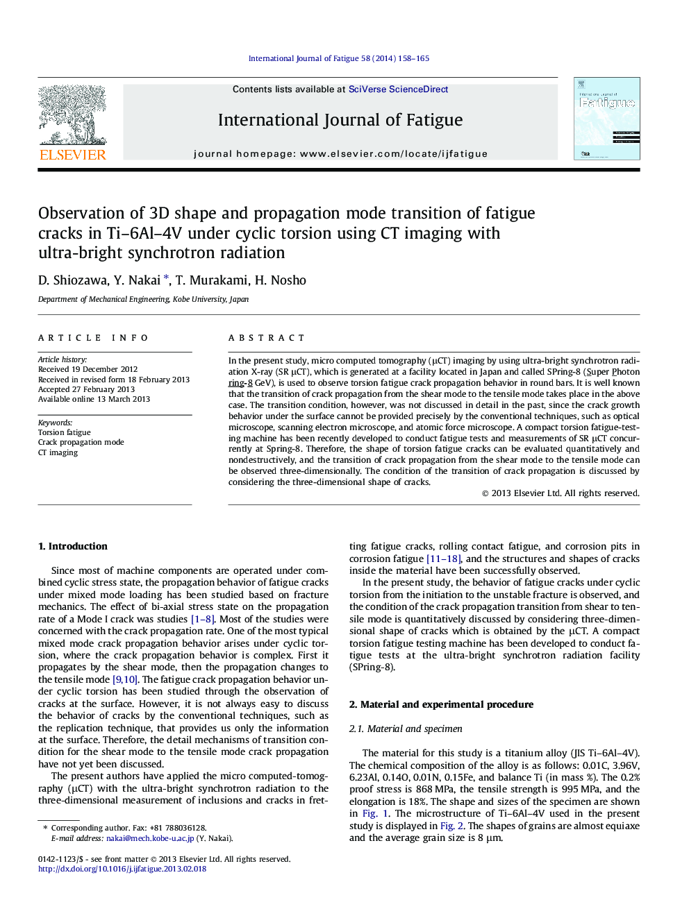 Observation of 3D shape and propagation mode transition of fatigue cracks in Ti–6Al–4V under cyclic torsion using CT imaging with ultra-bright synchrotron radiation