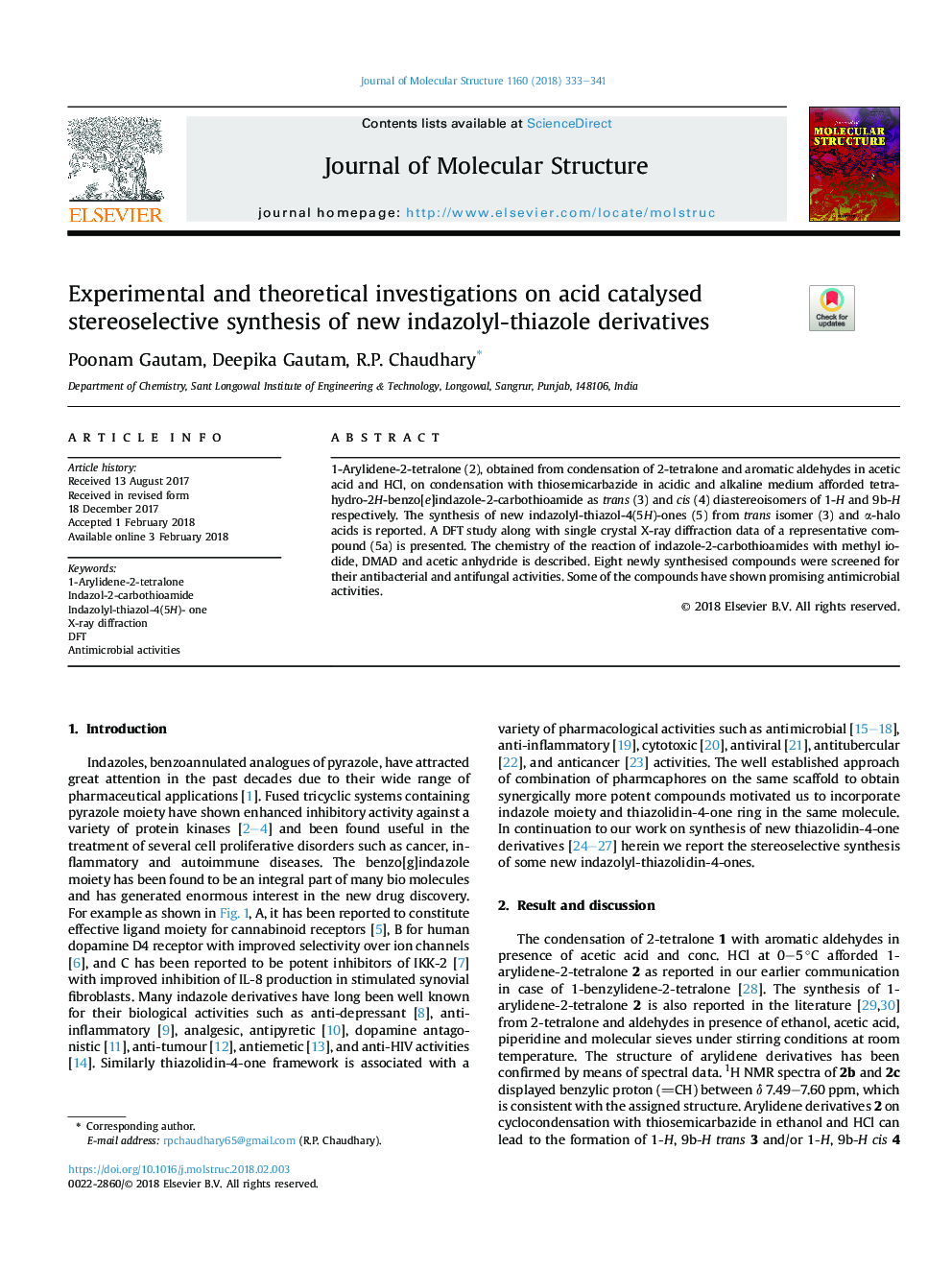 تحقیقات تجربی و نظری در مورد سنتز استریلیزای کاتالیزوری اسیدی از مشتقات ایندازولیل تیازول جدید 