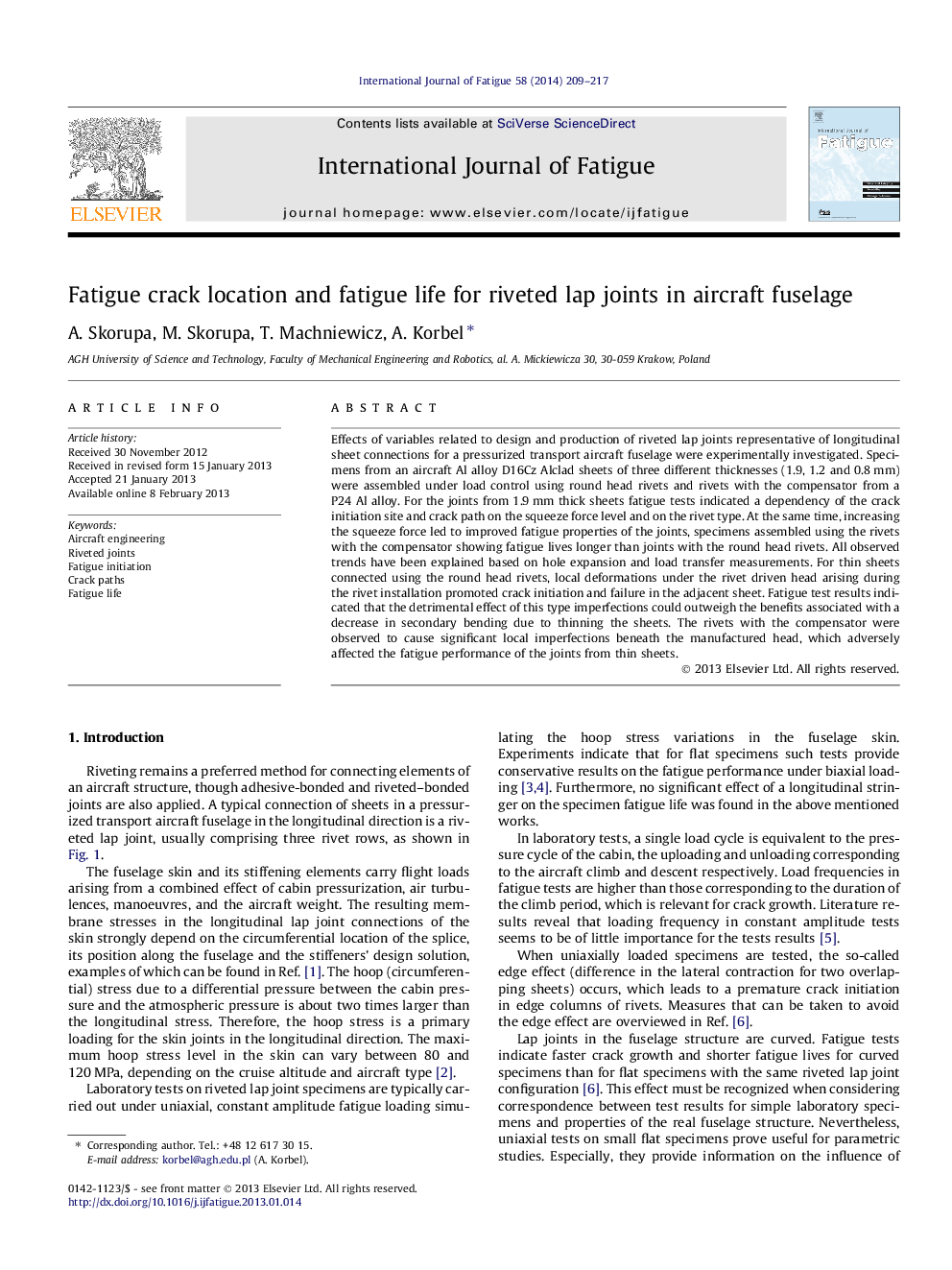 Fatigue crack location and fatigue life for riveted lap joints in aircraft fuselage