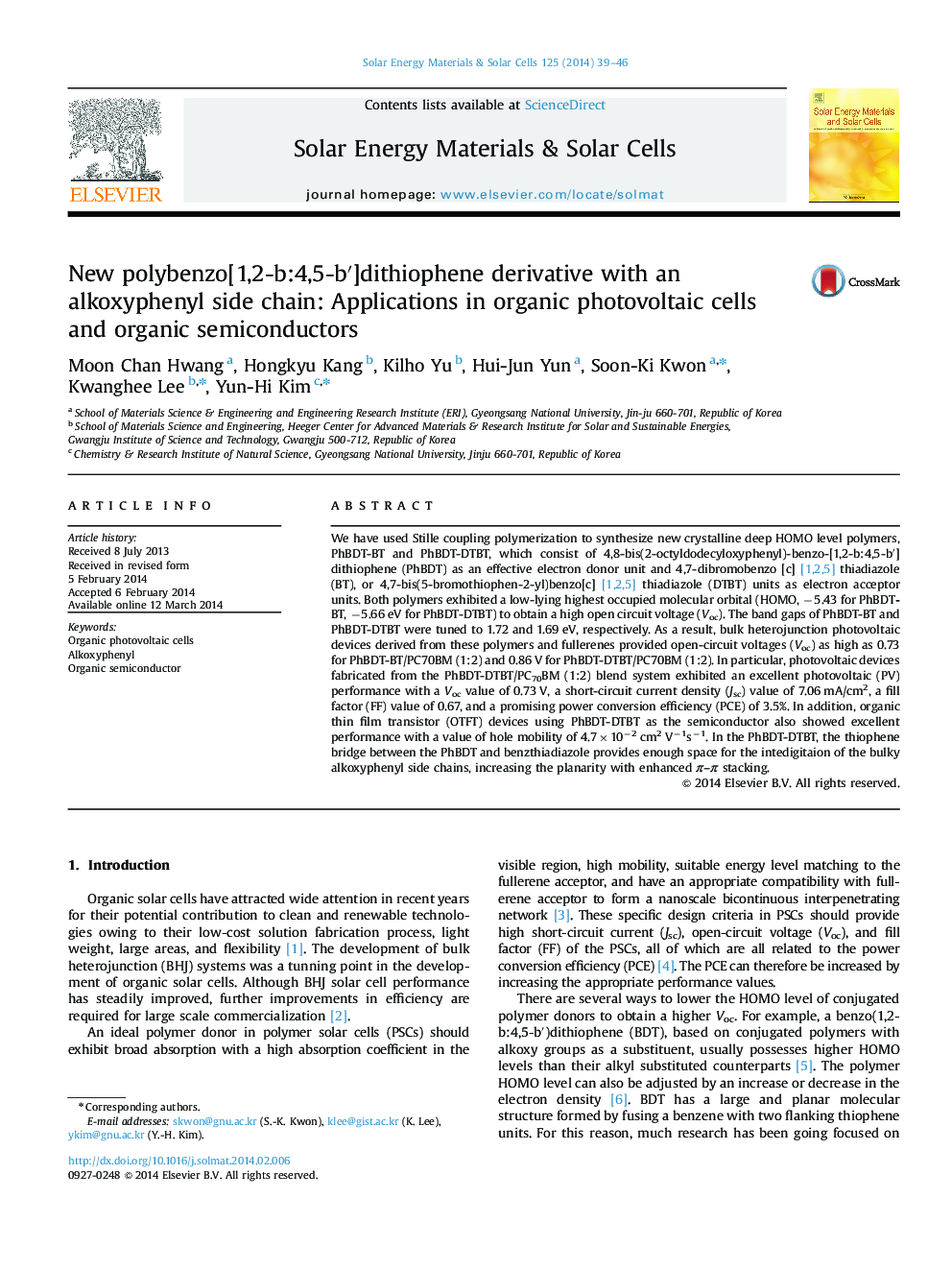 New polybenzo[1,2-b:4,5-b′]dithiophene derivative with an alkoxyphenyl side chain: Applications in organic photovoltaic cells and organic semiconductors