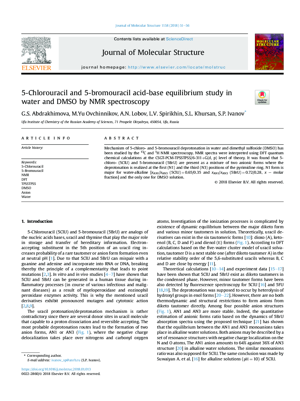 5-Chlorouracil and 5-bromouracil acid-base equilibrium study in water and DMSO by NMR spectroscopy