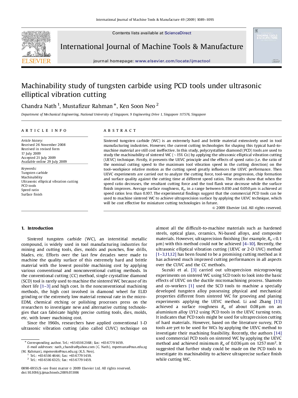 Machinability study of tungsten carbide using PCD tools under ultrasonic elliptical vibration cutting