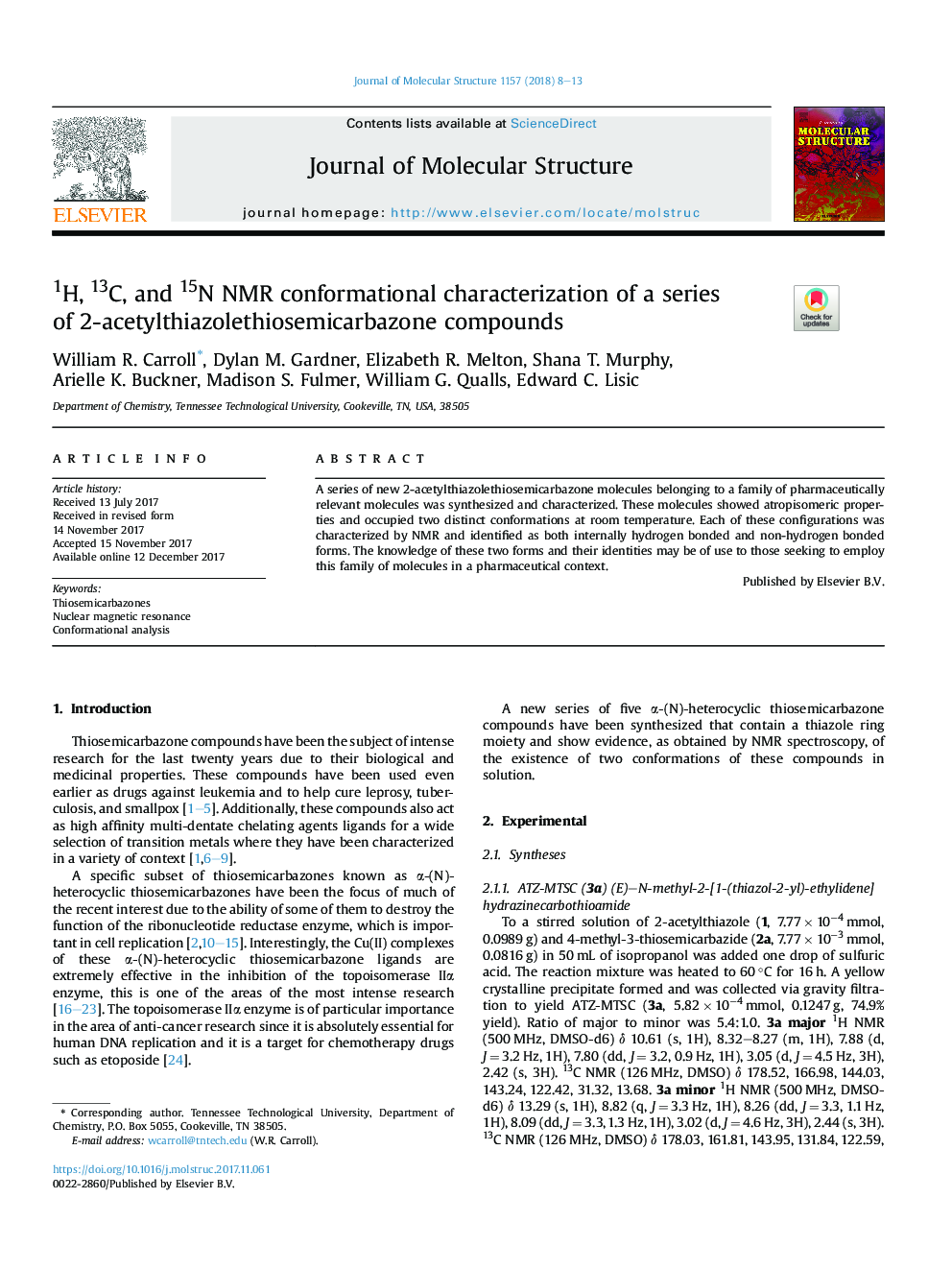 1H, 13C, and 15N NMR conformational characterization of a series of 2-acetylthiazolethiosemicarbazone compounds