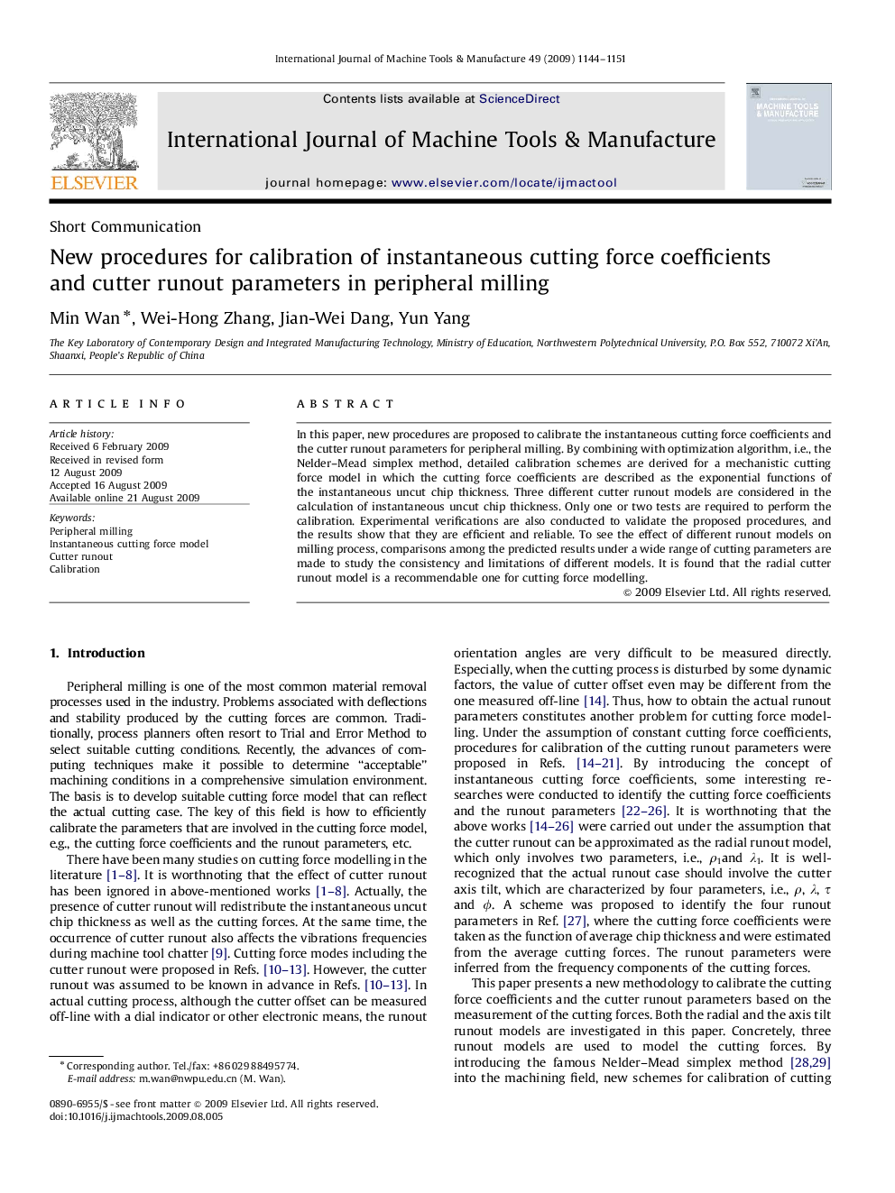 New procedures for calibration of instantaneous cutting force coefficients and cutter runout parameters in peripheral milling