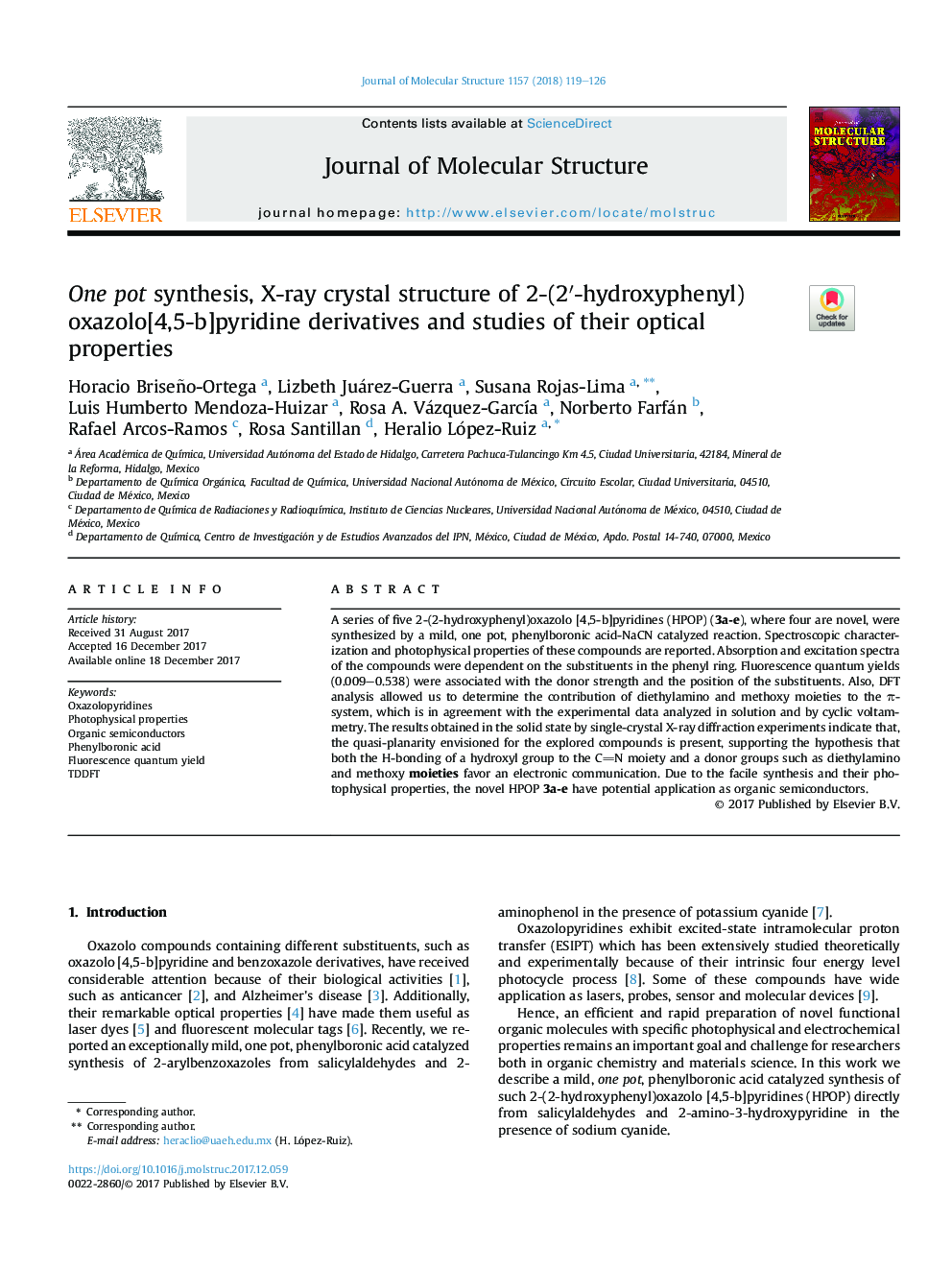 One pot synthesis, X-ray crystal structure of 2-(2â²-hydroxyphenyl)oxazolo[4,5-b]pyridine derivatives and studies of their optical properties