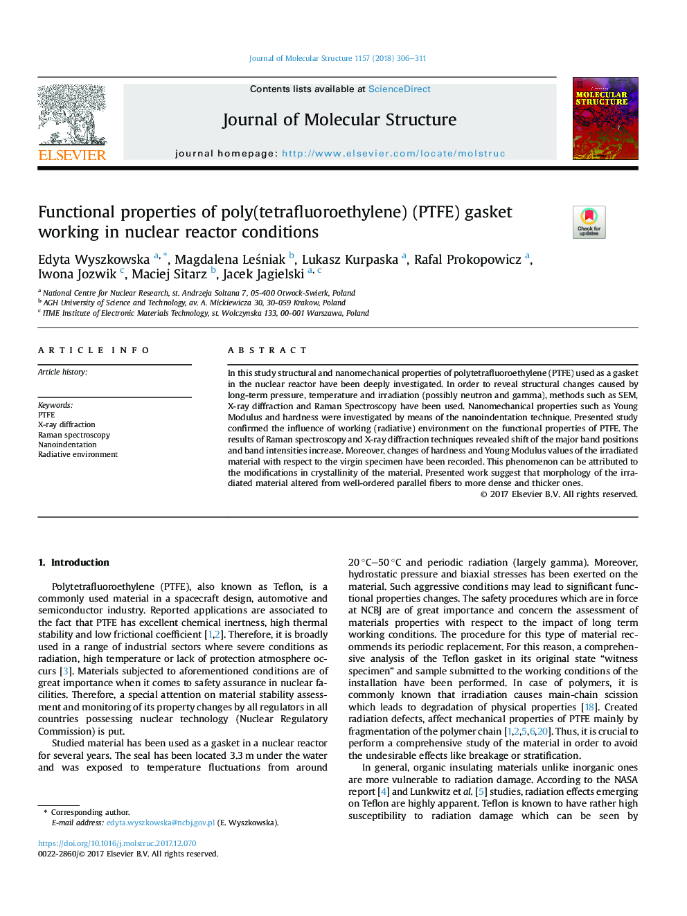 Functional properties of poly(tetrafluoroethylene) (PTFE) gasket working in nuclear reactor conditions