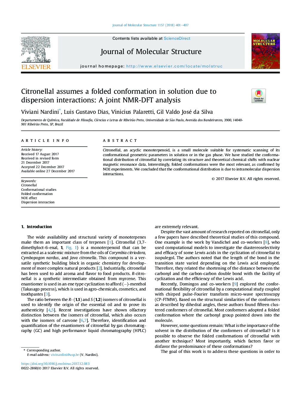 Citronellal assumes a folded conformation in solution due to dispersion interactions: A joint NMR-DFT analysis