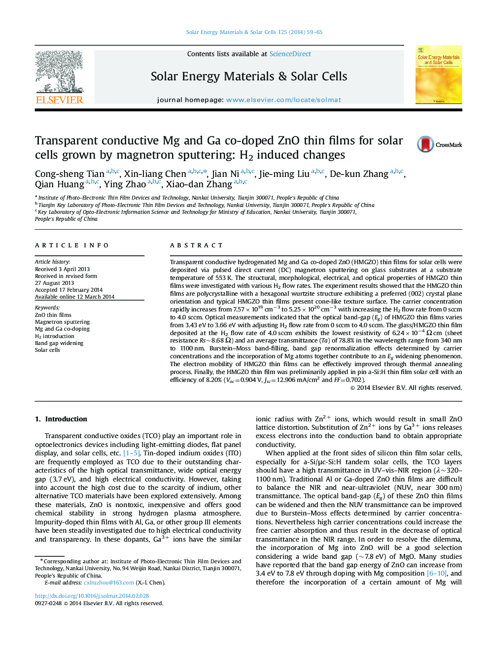 Transparent conductive Mg and Ga co-doped ZnO thin films for solar cells grown by magnetron sputtering: H2 induced changes