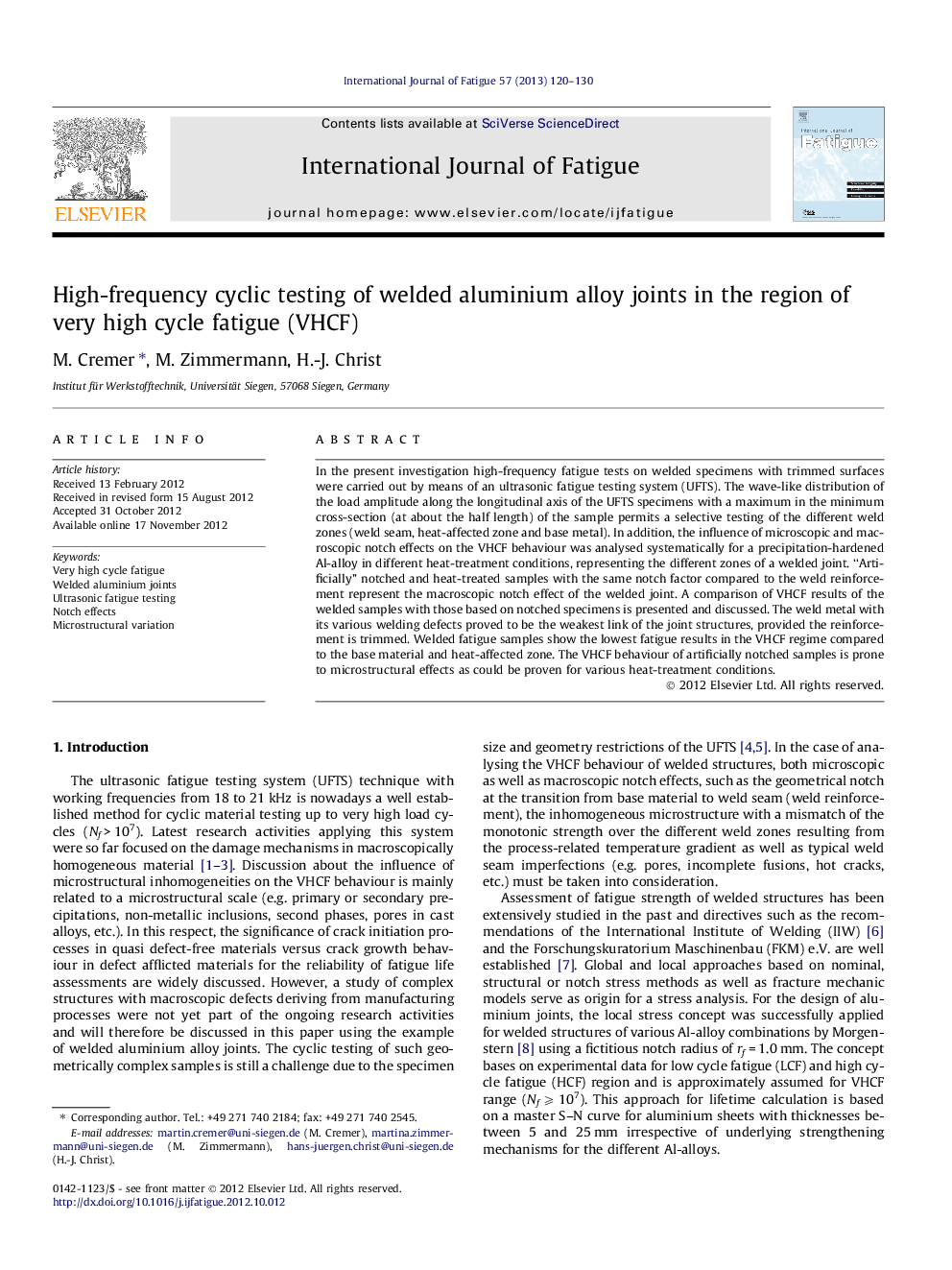 High-frequency cyclic testing of welded aluminium alloy joints in the region of very high cycle fatigue (VHCF)