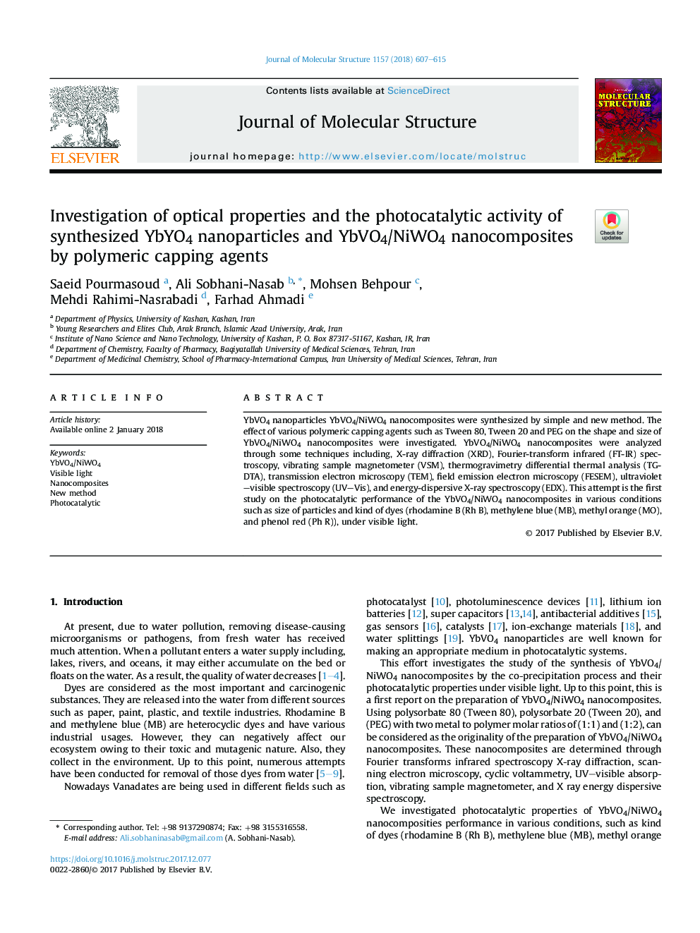 Investigation of optical properties and the photocatalytic activity of synthesized YbYO4 nanoparticles and YbVO4/NiWO4 nanocomposites by polymeric capping agents