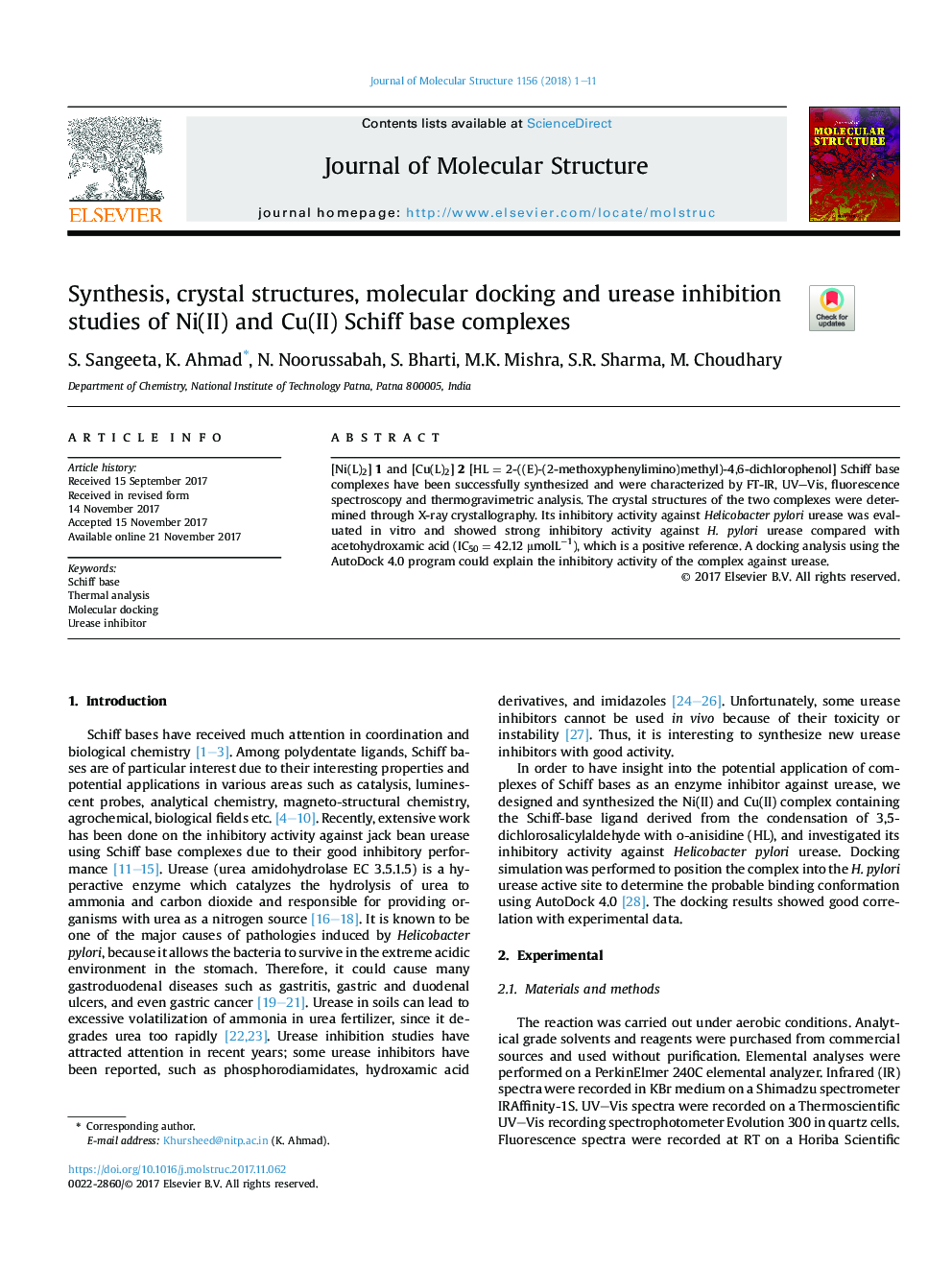 Synthesis, crystal structures, molecular docking and urease inhibition studies of Ni(II) and Cu(II) Schiff base complexes