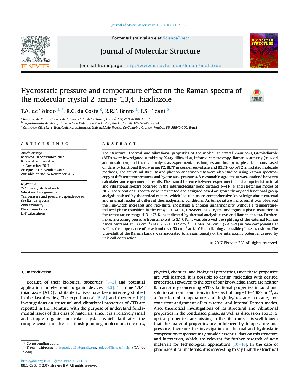 Hydrostatic pressure and temperature effect on the Raman spectra of the molecular crystal 2-amine-1,3,4-thiadiazole