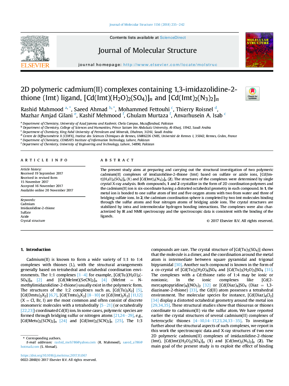 2D polymeric cadmium(II) complexes containing 1,3-imidazolidine-2-thione (Imt) ligand, [Cd(Imt)(H2O)2(SO4)]n and [Cd(Imt)2(N3)2]n