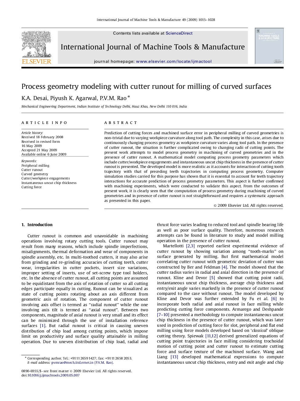 Process geometry modeling with cutter runout for milling of curved surfaces