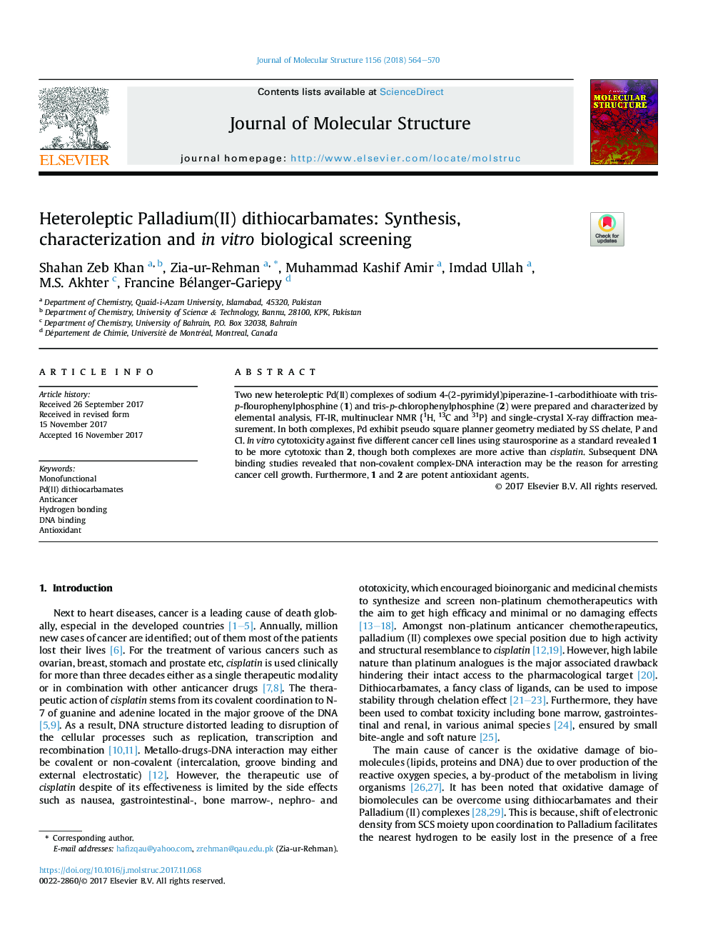 Heteroleptic Palladium(II) dithiocarbamates: Synthesis, characterization and inÂ vitro biological screening