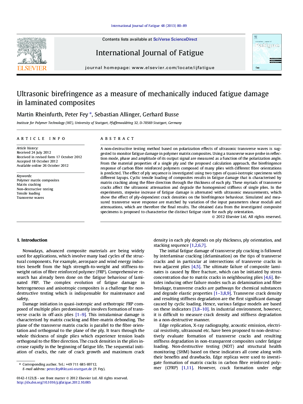 Ultrasonic birefringence as a measure of mechanically induced fatigue damage in laminated composites