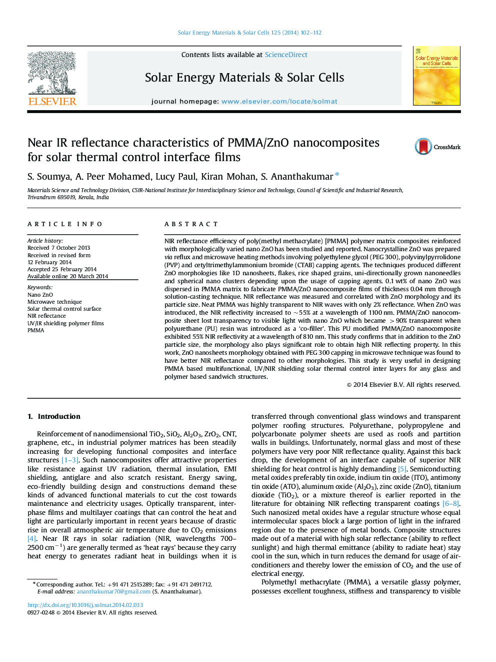 Near IR reflectance characteristics of PMMA/ZnO nanocomposites for solar thermal control interface films