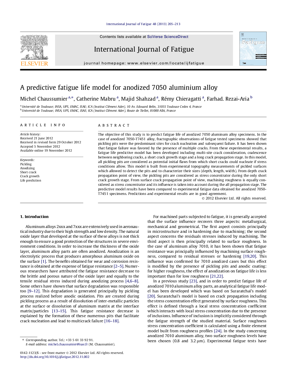 A predictive fatigue life model for anodized 7050 aluminium alloy