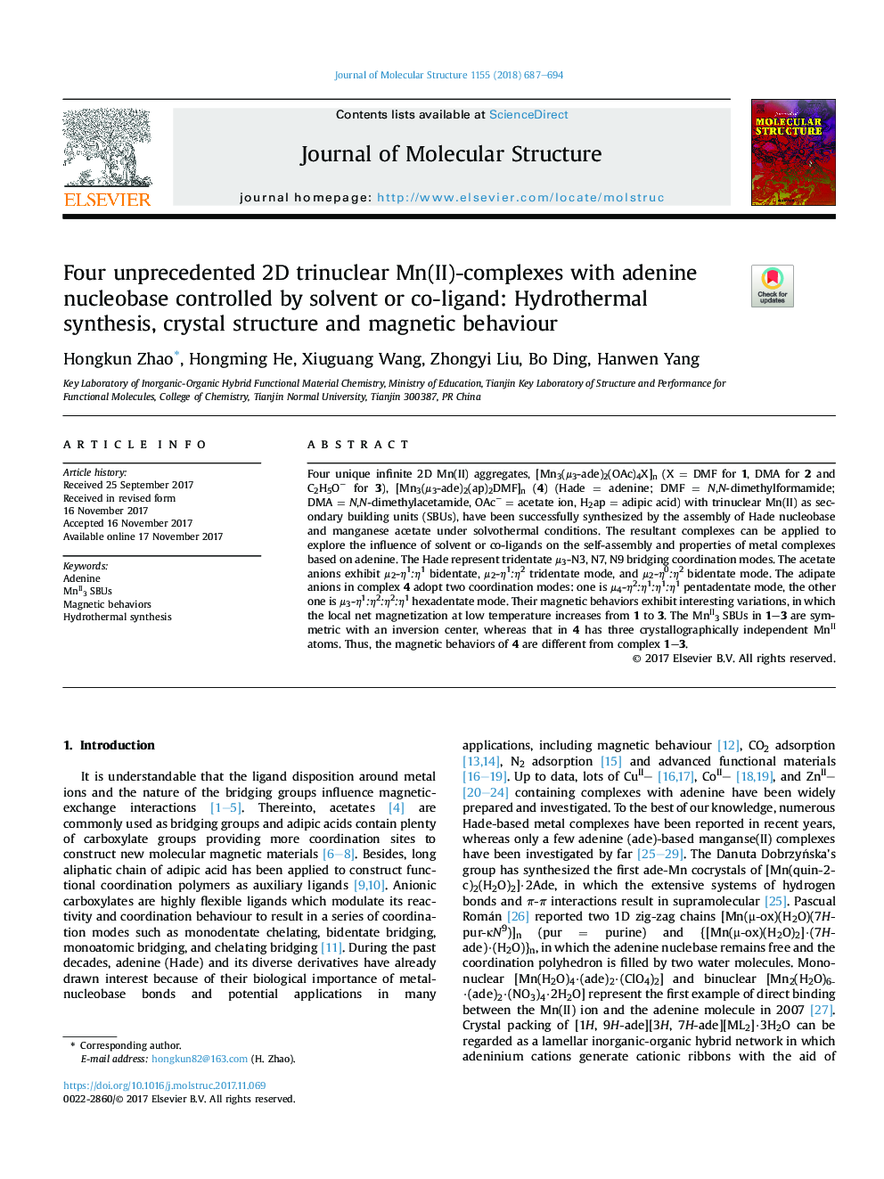 Four unprecedented 2D trinuclear Mn(II)-complexes with adenine nucleobase controlled by solvent or co-ligand: Hydrothermal synthesis, crystal structure and magnetic behaviour