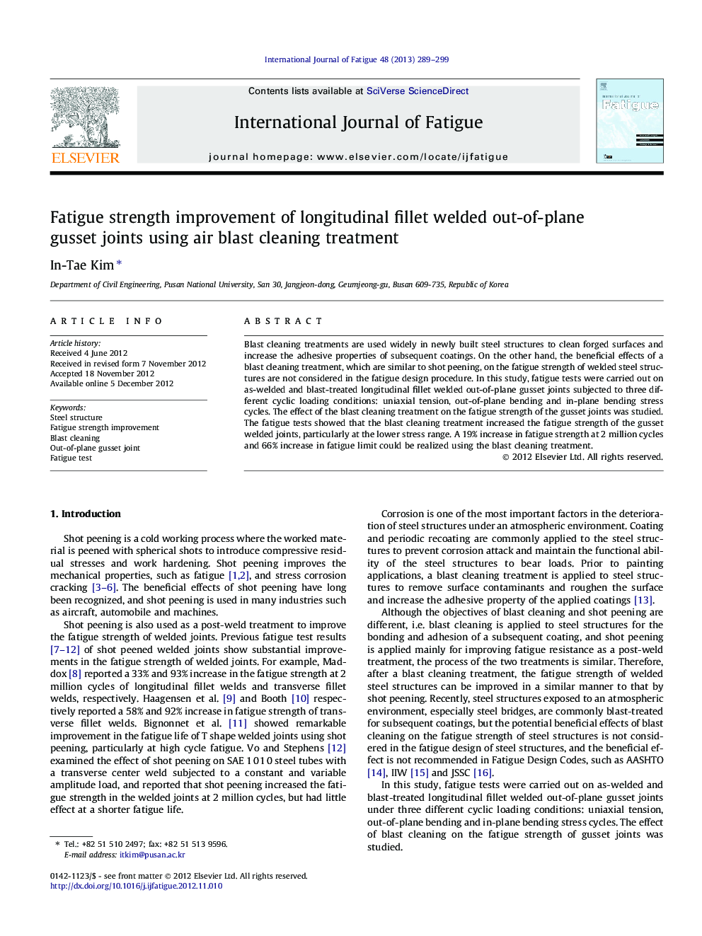 Fatigue strength improvement of longitudinal fillet welded out-of-plane gusset joints using air blast cleaning treatment