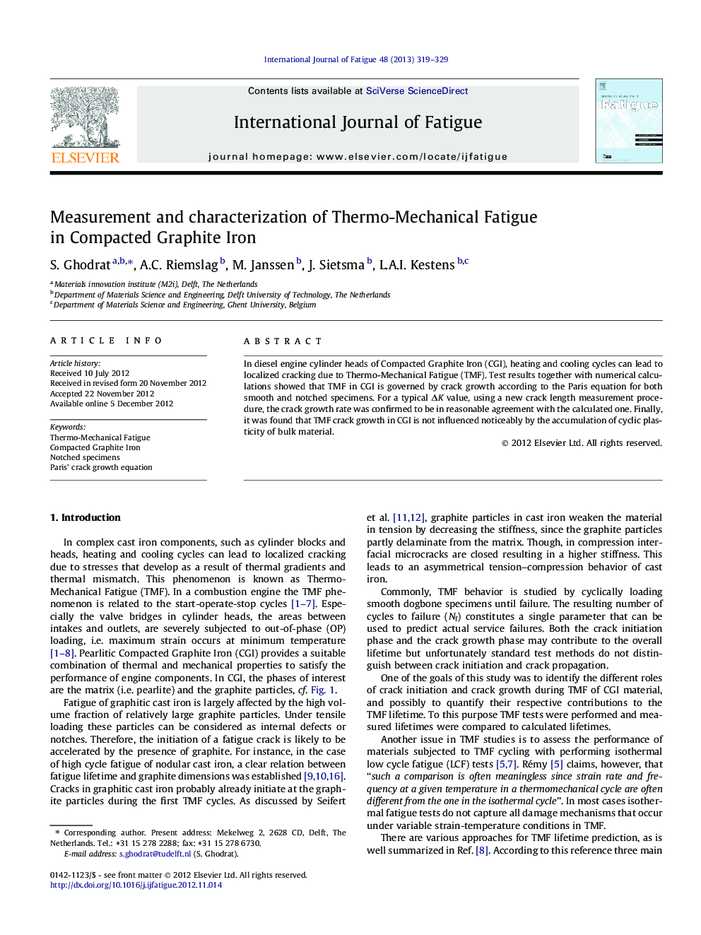 Measurement and characterization of Thermo-Mechanical Fatigue in Compacted Graphite Iron