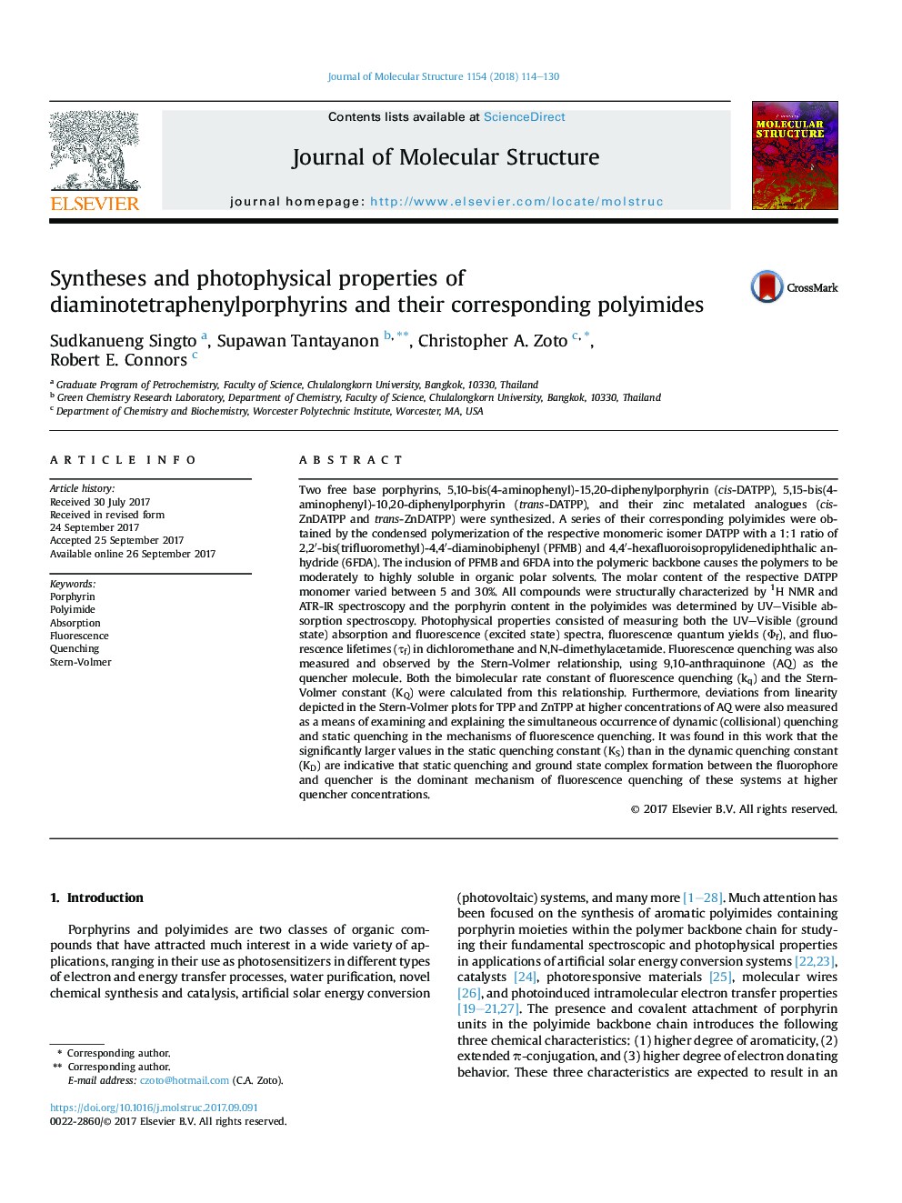 عکس صفحه اول مقاله: Syntheses and photophysical properties of diaminotetraphenylporphyrins and their corresponding polyimides Syntheses and photophysical properties of diaminotetraphenylporphyrins and their corresponding polyimides