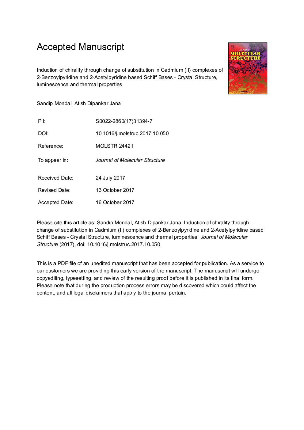 عکس صفحه اول مقاله: Induction of chirality through change of substitution in cadmium (II) complexes of 2-benzoylpyridine and 2-acetylpyridine based Schiff bases - Crystal structure, luminescence and thermal properties Induction of chirality through change of substitution in cadmium (II) complexes of 2-benzoylpyridine and 2-acetylpyridine based Schiff bases - Crystal structure, luminescence and thermal properties